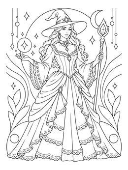 An elegant sorceress in a lace gown on this detailed witch coloring page.