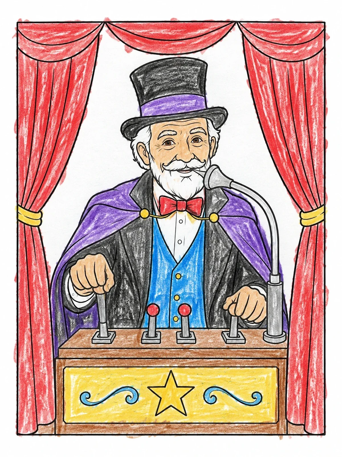 Colored example of the Wizard Operating Levers Behind Curtains coloring page