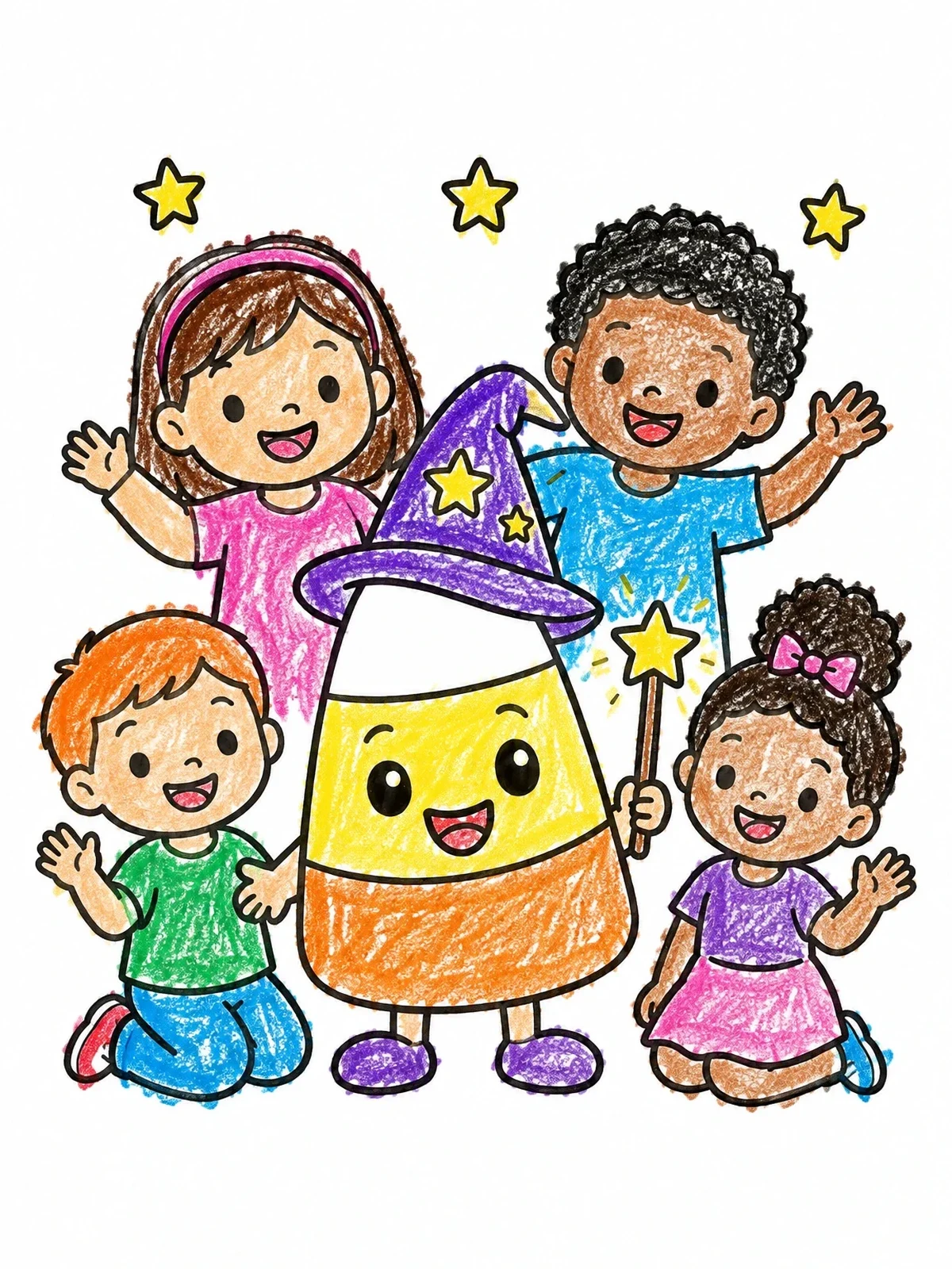 Colored example of the Wizard Candy Corn With Happy Children coloring page