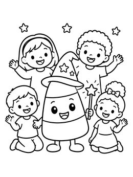 Free printable Wizard Candy Corn With Happy Children coloring page