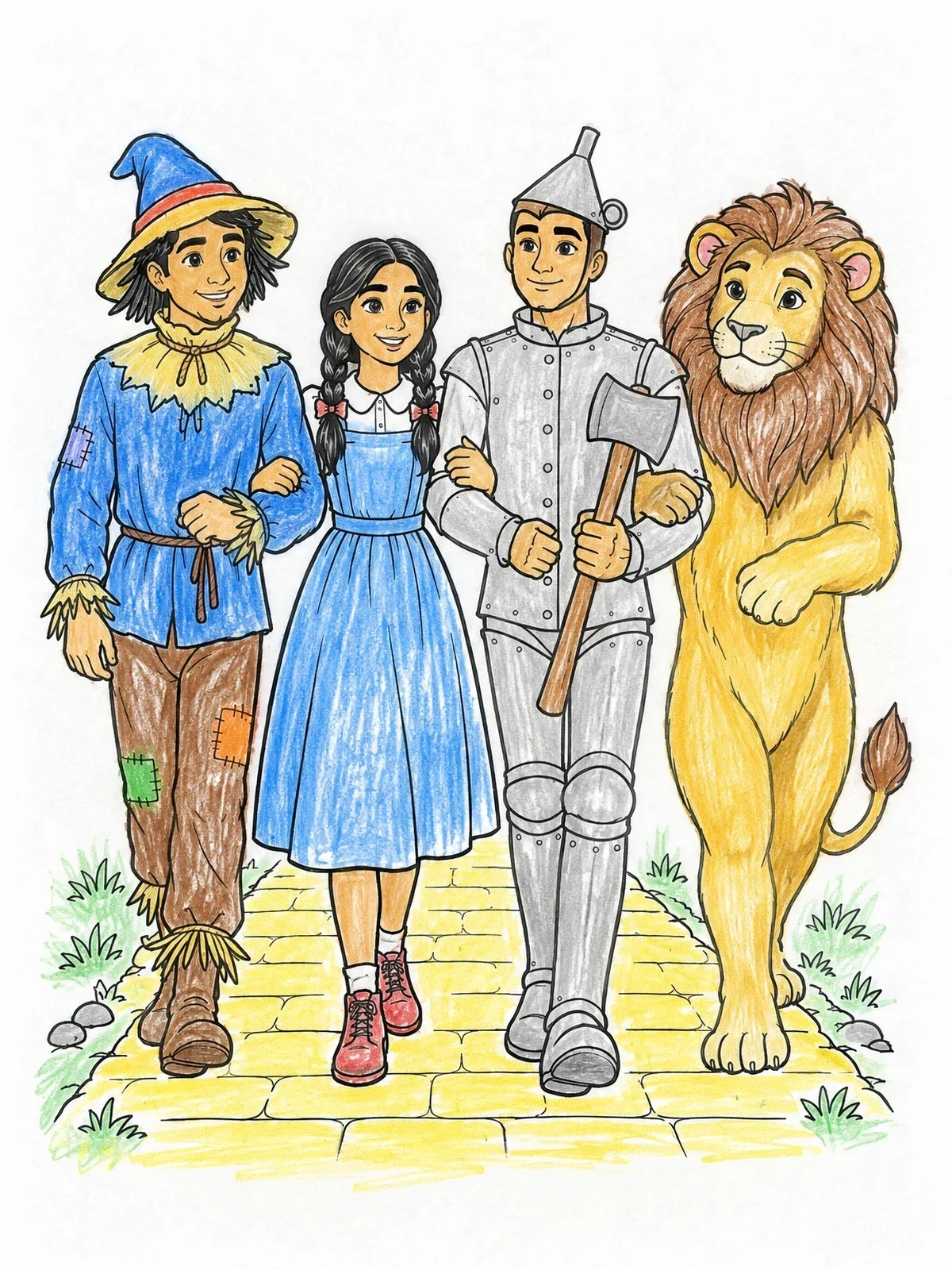 Colored example of the Fairytale Friends On Brick Road coloring page