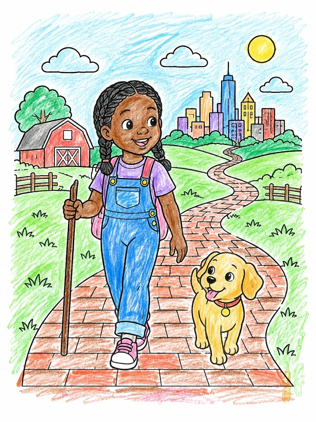 Colored example of the Girl Walking Dog On Brick Path coloring page