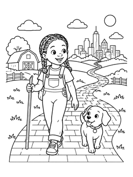 Free printable Girl Walking Dog On Brick Path coloring page