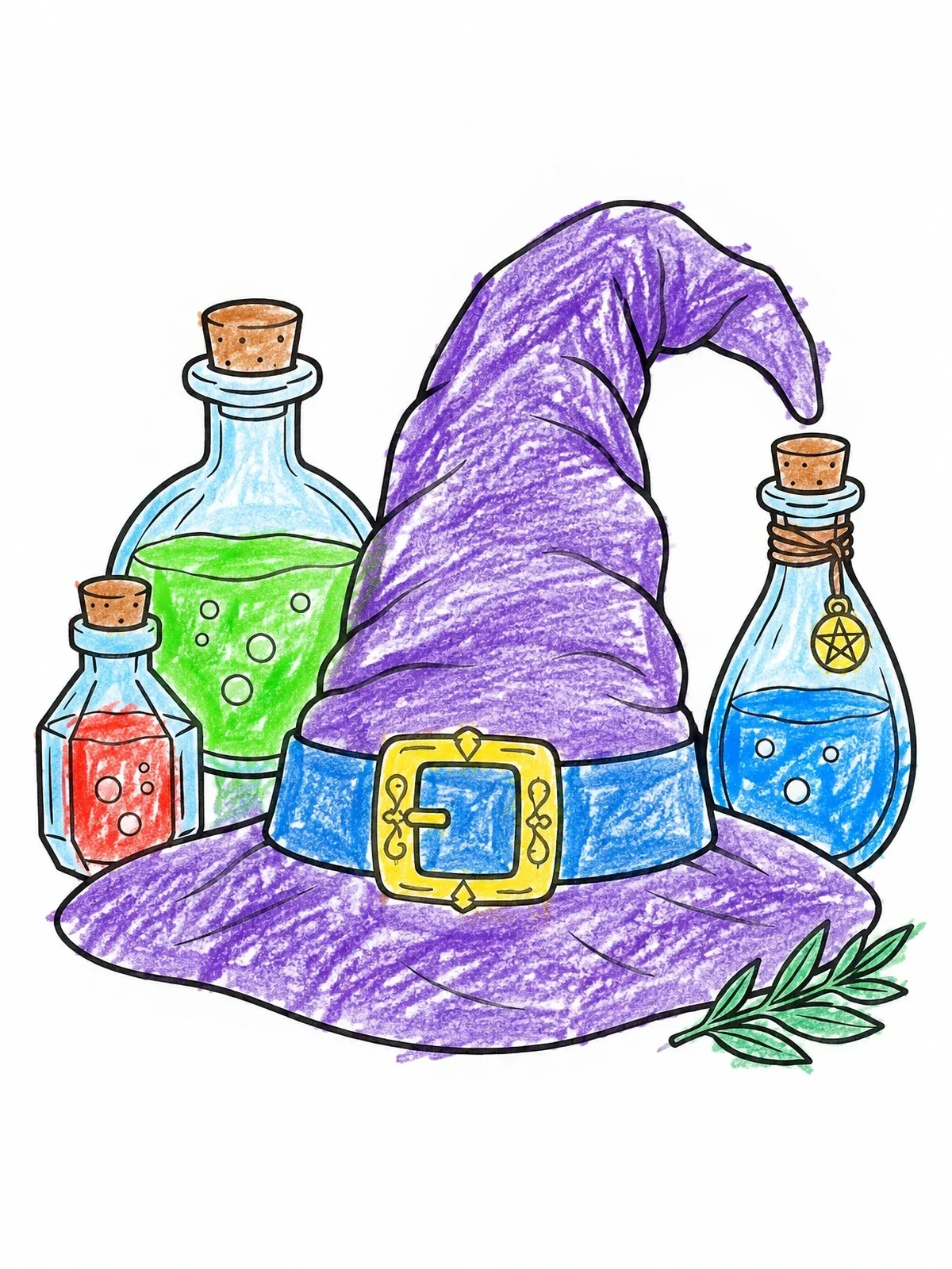 Colored example of the Wizard Hat And Magic Potions coloring page