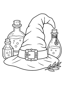 A magical wizard coloring page featuring a pointed hat surrounded by glass potion bottles.