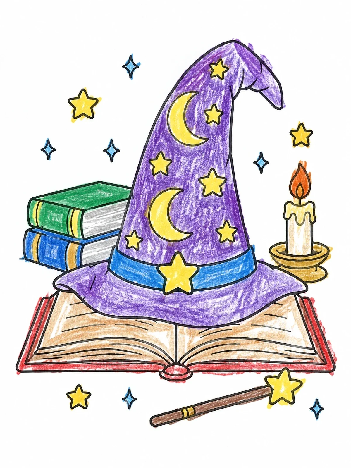 Colored example of the Wizard Hat On Open Spellbook coloring page