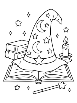 Free printable Wizard Hat On Open Spellbook coloring page