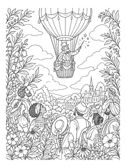 A wizard coloring page showing a magician in a hot air balloon waving to a crowd below.