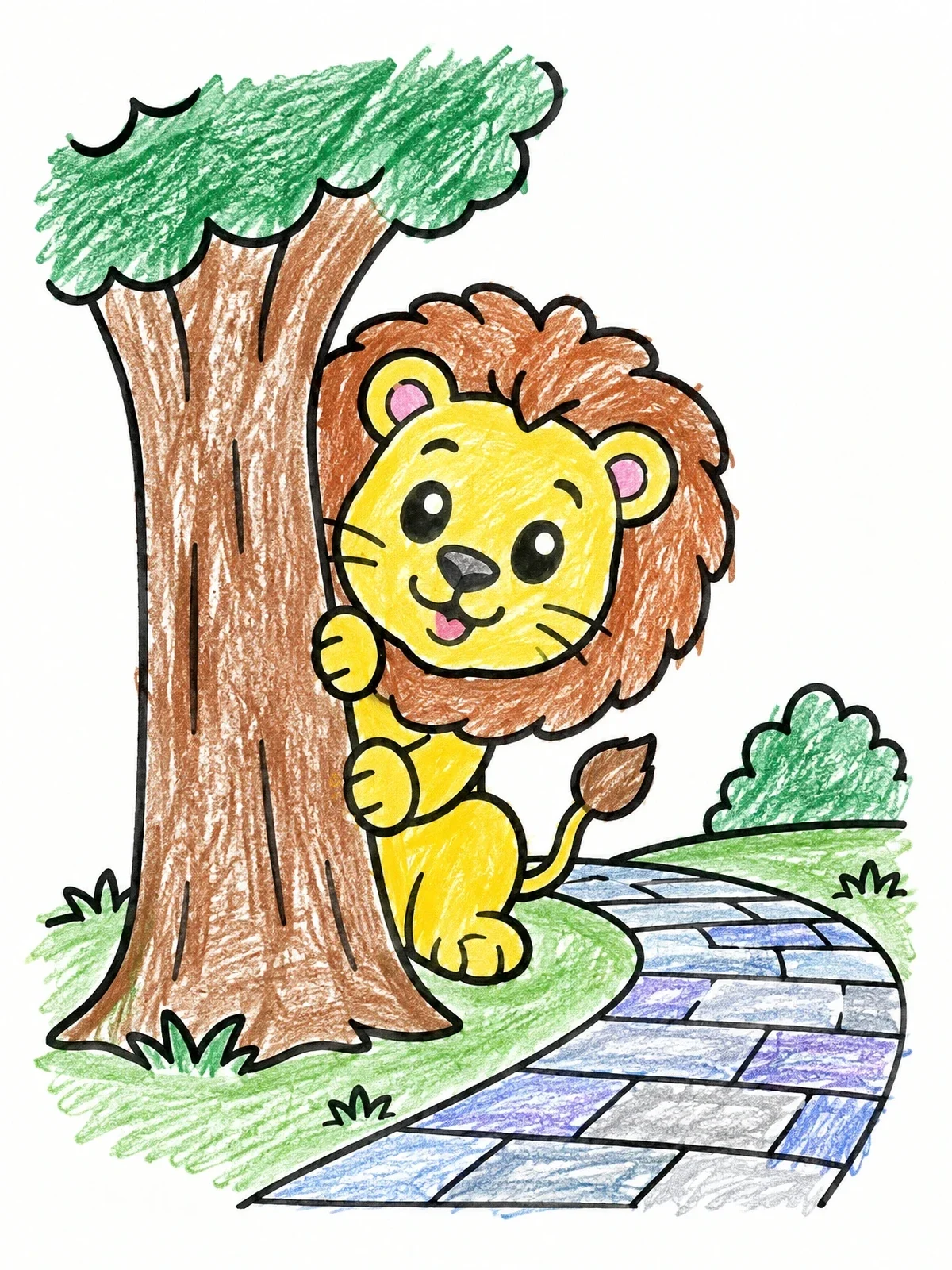 Colored example of the Playful Lion Behind A Tree coloring page