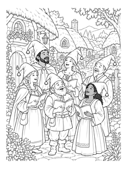 A magical wizard coloring page with cheerful fantasy villagers singing carols outside thatched cottages.