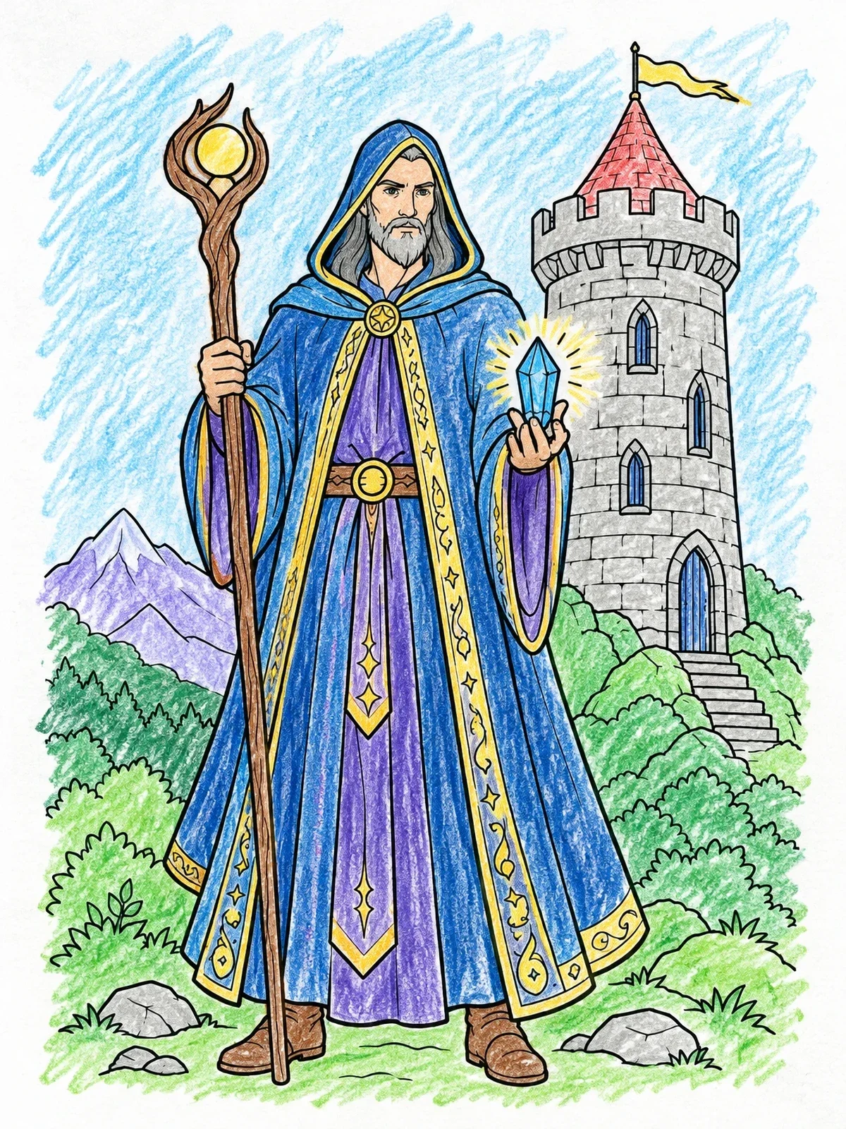 Colored example of the Sorcerer With Crystal And Staff coloring page