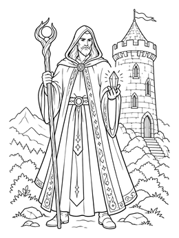 A hooded sorcerer holding a magical crystal in this wizard coloring page with a stone tower.