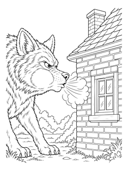 A fierce big bad wolf blows hard on a sturdy house in this three little pigs coloring page.