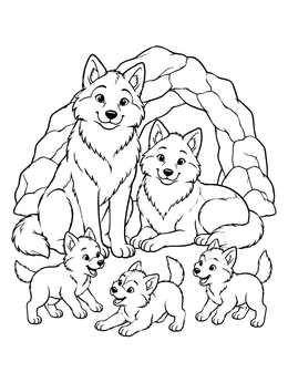 A friendly wolf coloring page showing two adult wolves resting by a rocky cave while three pups play.