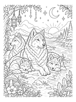 A serene wolf coloring page featuring a wolf pack resting by a river under lanterns and stars.
