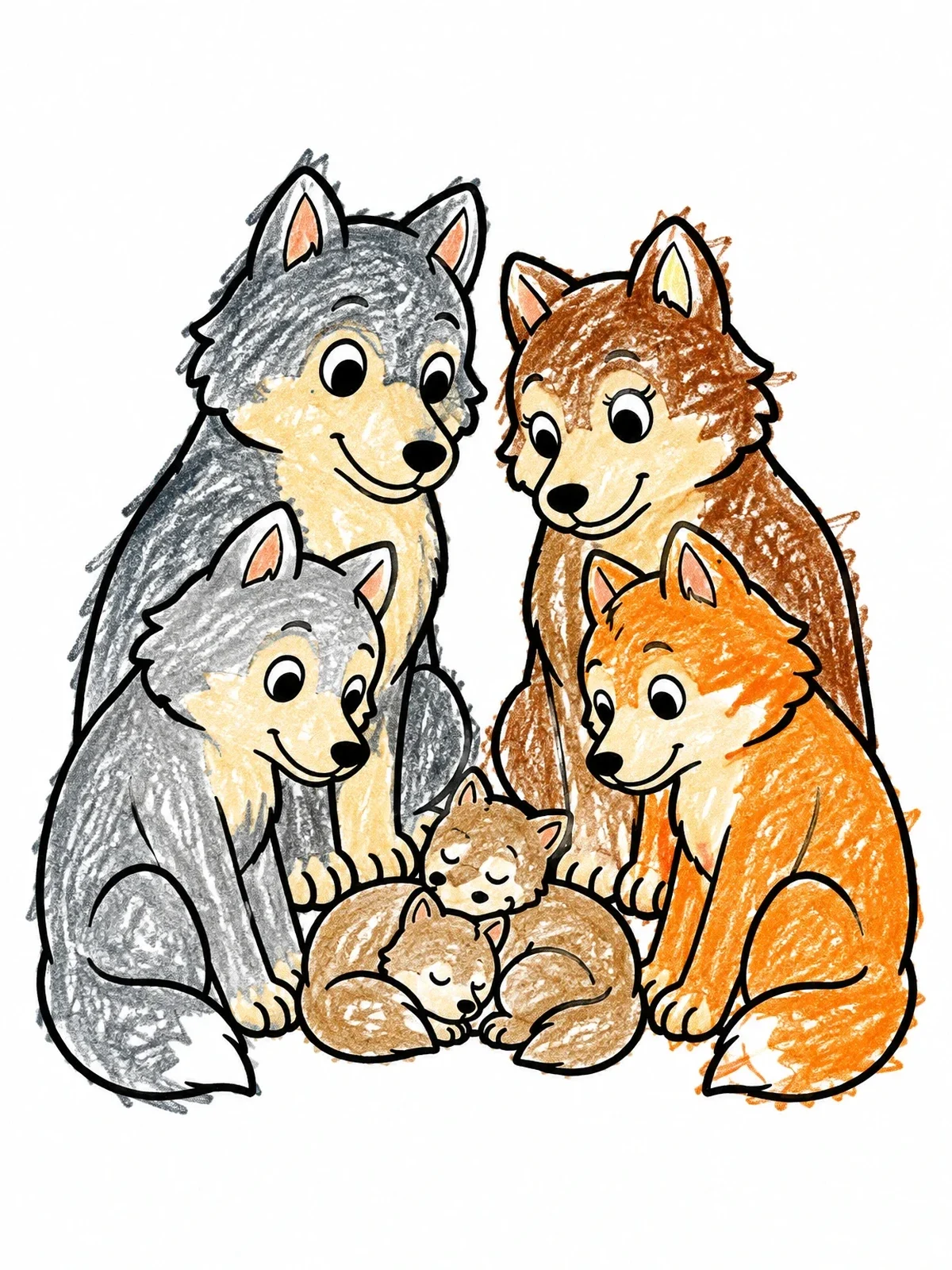 Colored example of the Wolf Family With Cute Pups coloring page