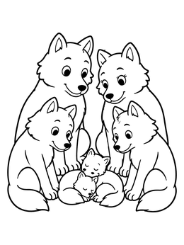 A friendly wolf pack guards resting pups in this wolf coloring page.