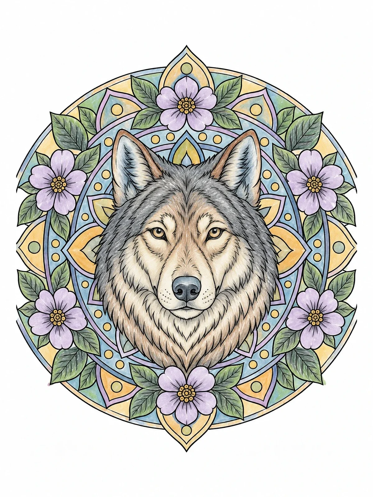 Colored example of the Wolf Head Mandala With Flowers coloring page
