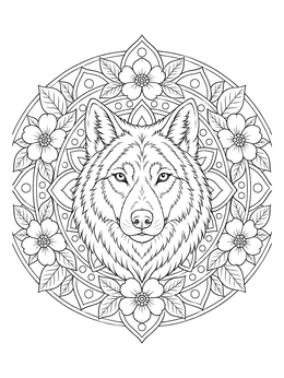 A detailed wolf coloring page framed by a floral circular mandala.