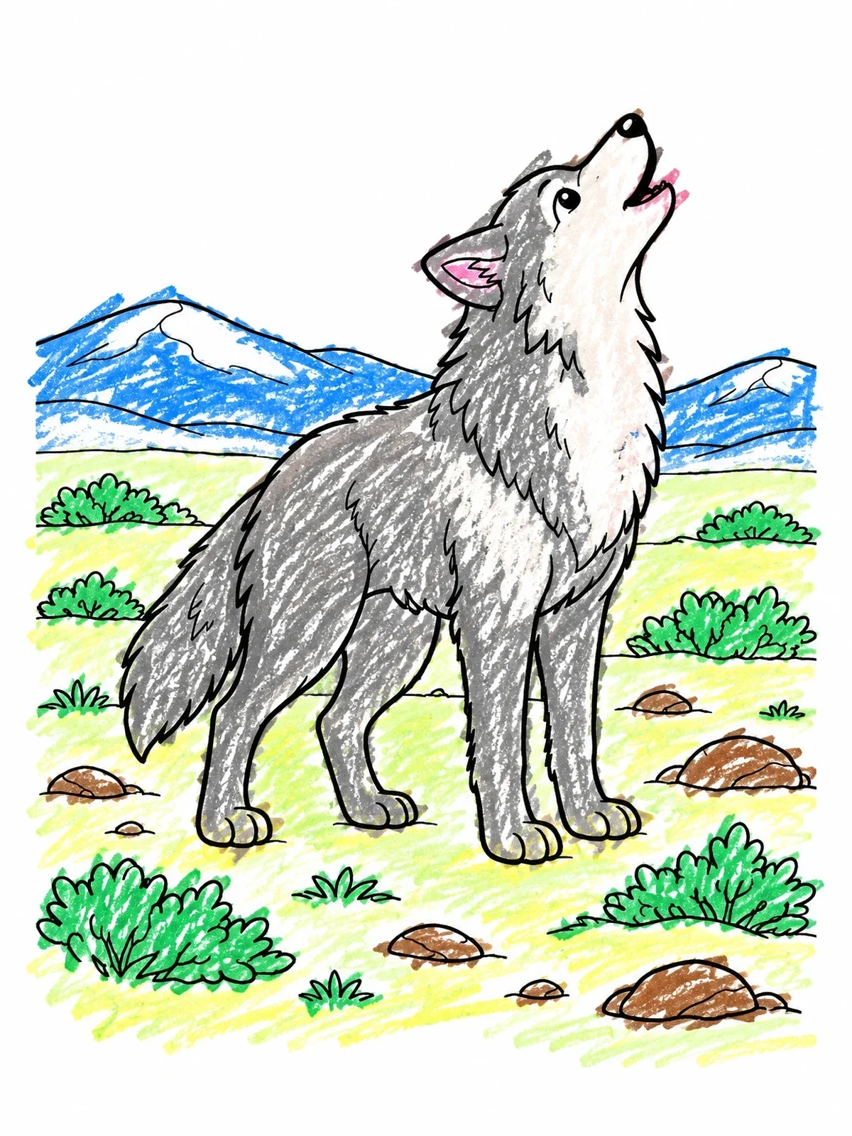 Colored example of the Wolf Howling In The Tundra coloring page