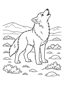 A friendly wolf coloring page showing a wolf howling across an open tundra.