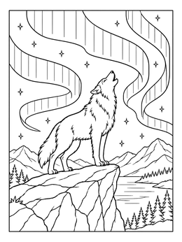 A lone wolf stands on a cliff in this northern lights coloring page under starry skies.