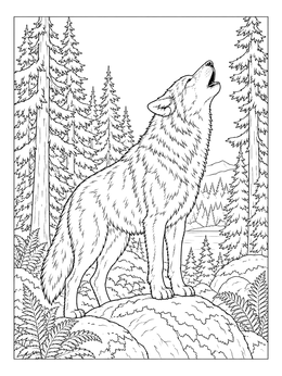 A detailed wolf coloring page showing a wolf howling on a boulder in a pine forest.