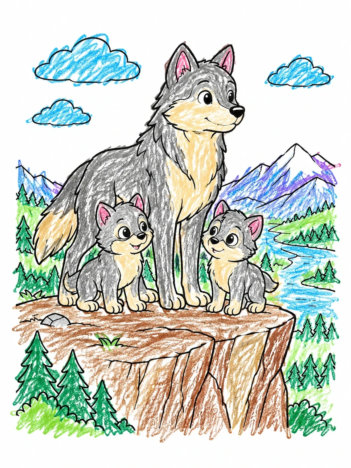 Colored example of the Wolf Mother With Pups On Cliff coloring page
