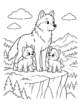 A mother and two pups stand on a cliff in this wolf coloring page.