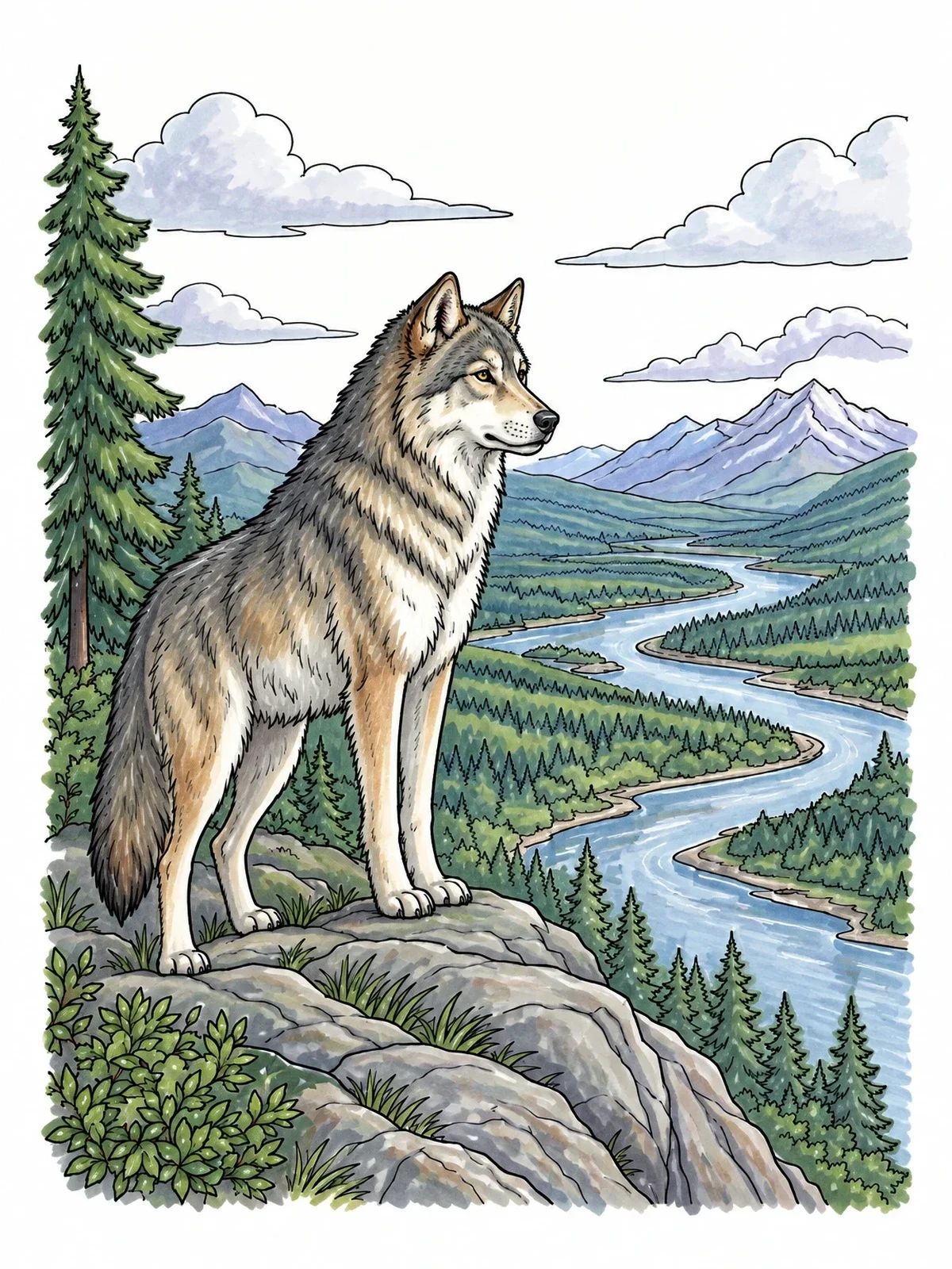 Colored example of the Wolf Overlooking River Valley coloring page