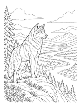A detailed wolf coloring page featuring a wolf standing on a cliff above a winding river.