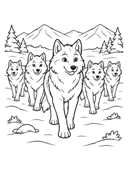A friendly wolf pack marches together in this wolf coloring page.