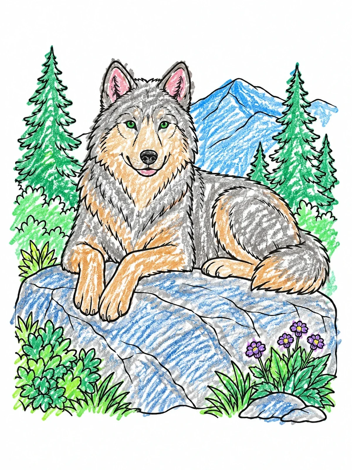 Colored example of the Wolf Resting On A Rock coloring page