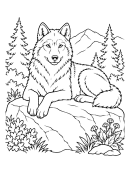 A serene wolf coloring page featuring a wolf lying on a boulder in front of pine trees and mountains.