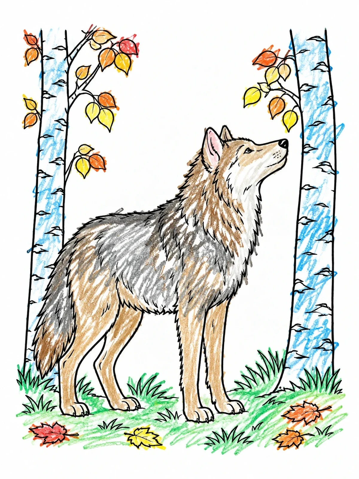 Colored example of the Wolf Standing In Birch Forest coloring page