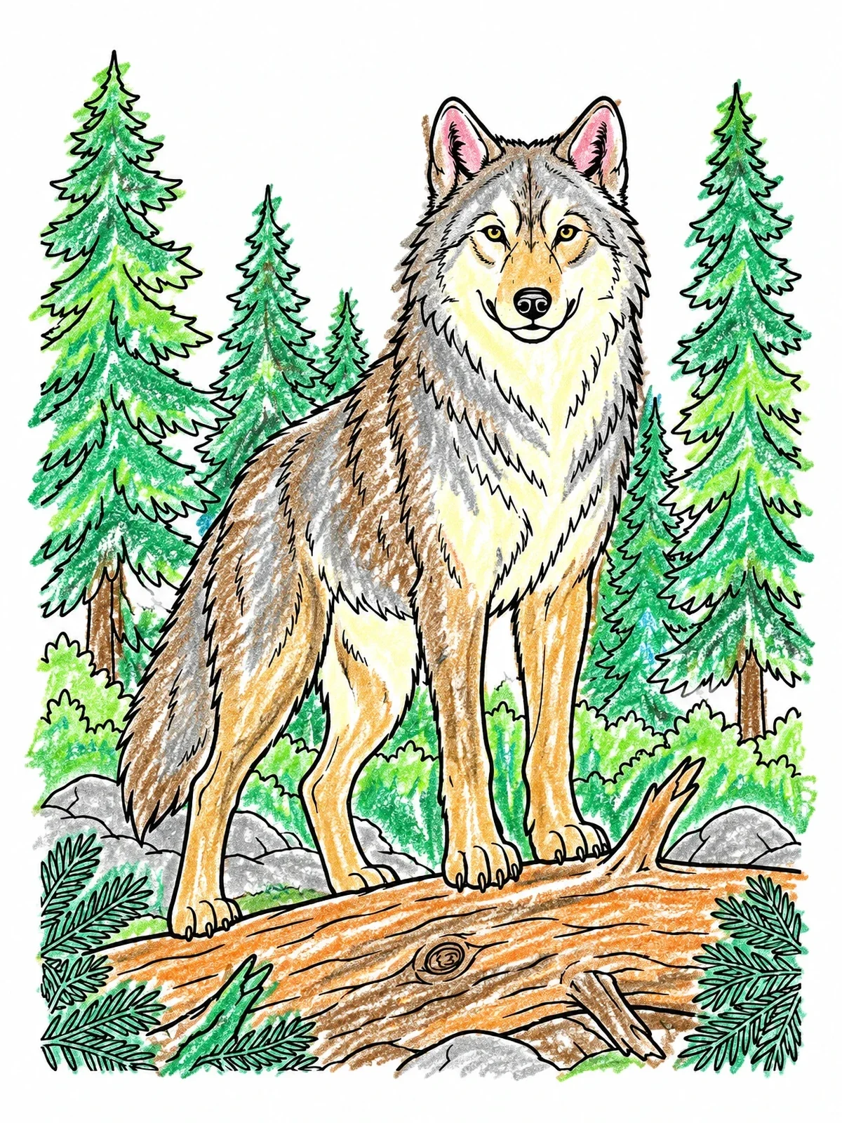 Colored example of the Wolf Standing On A Fallen Log coloring page