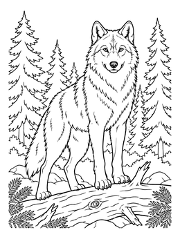 A proud timber wolf stands alert on a tree trunk in this detailed wolf coloring page.