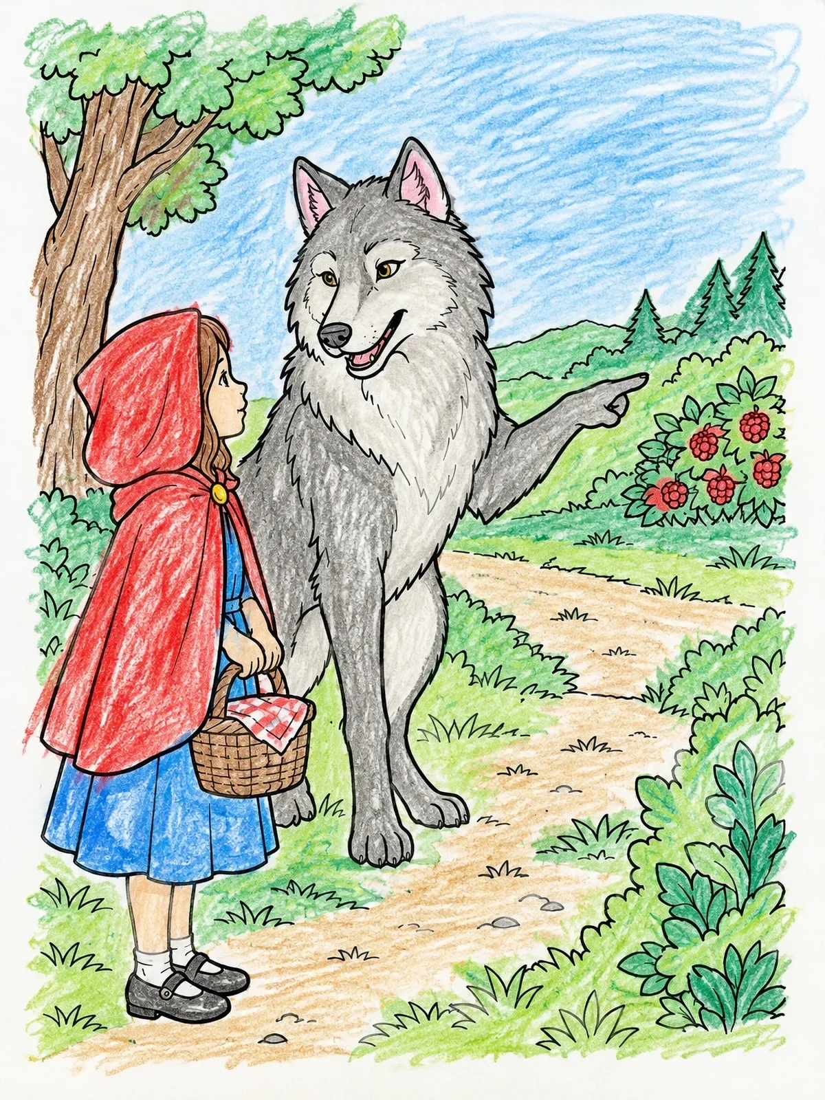Colored example of the Wolf Talking To Little Red Riding Hood coloring page