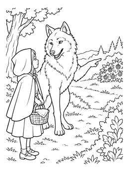A friendly wolf pointing to berry bushes on this Little Red Riding Hood coloring page.