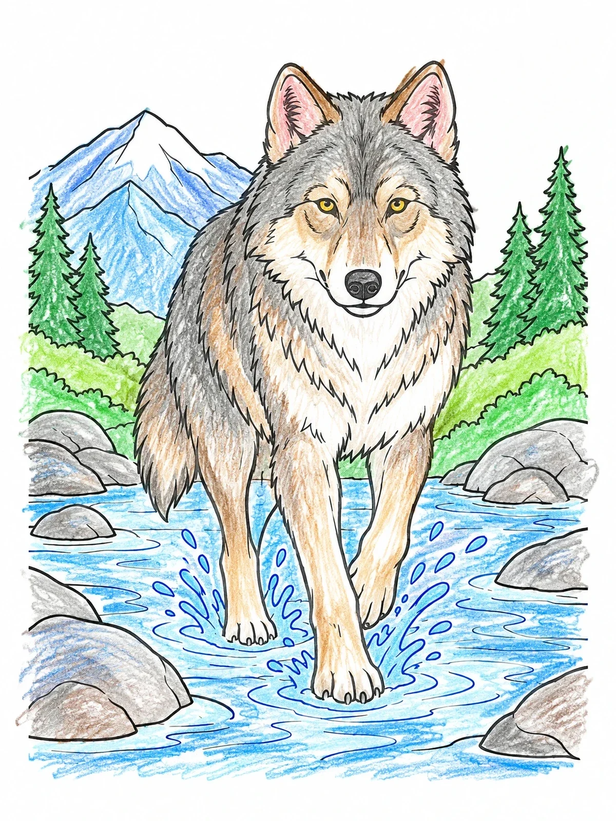 Colored example of the Wolf Walking Through Mountain Stream coloring page
