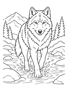 A detailed wolf coloring page showing a wild wolf wading through a splashing river in front of mountains.