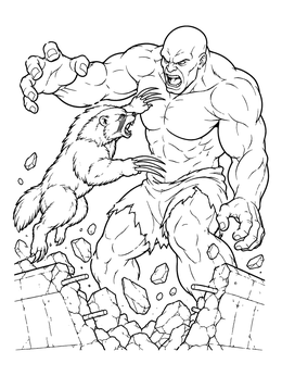 An action scene with a wolverine coloring page featuring a giant titan smashing concrete.