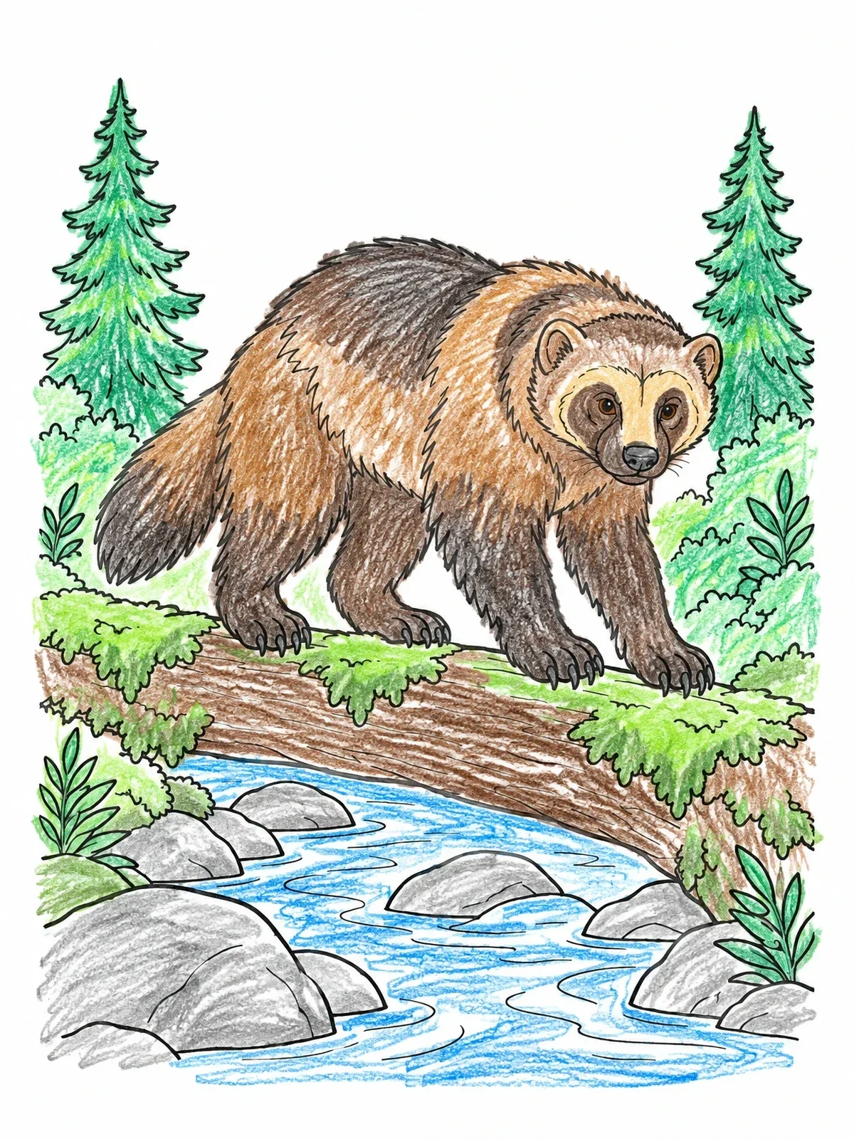Colored example of the Wolverine Crossing Forest Stream coloring page