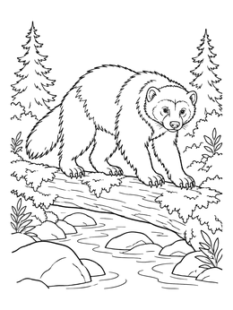 A detailed wolverine coloring page crossing a fallen log over a stream.