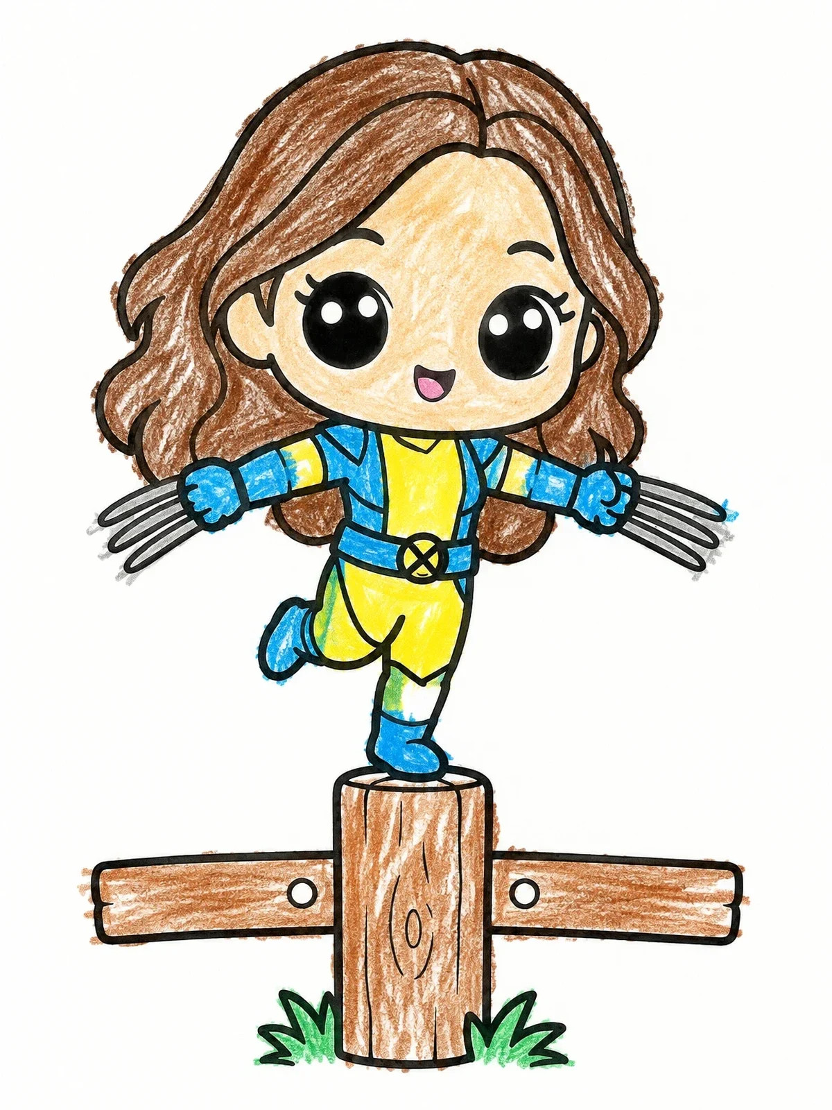 Colored example of the Cute Chibi Hero Balancing On A Fence coloring page