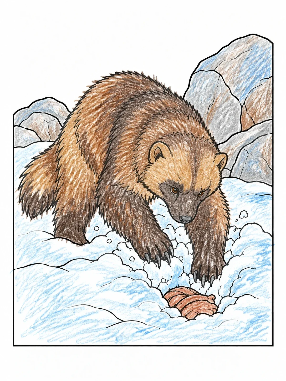 Colored example of the Wolverine Digging In The Snow coloring page
