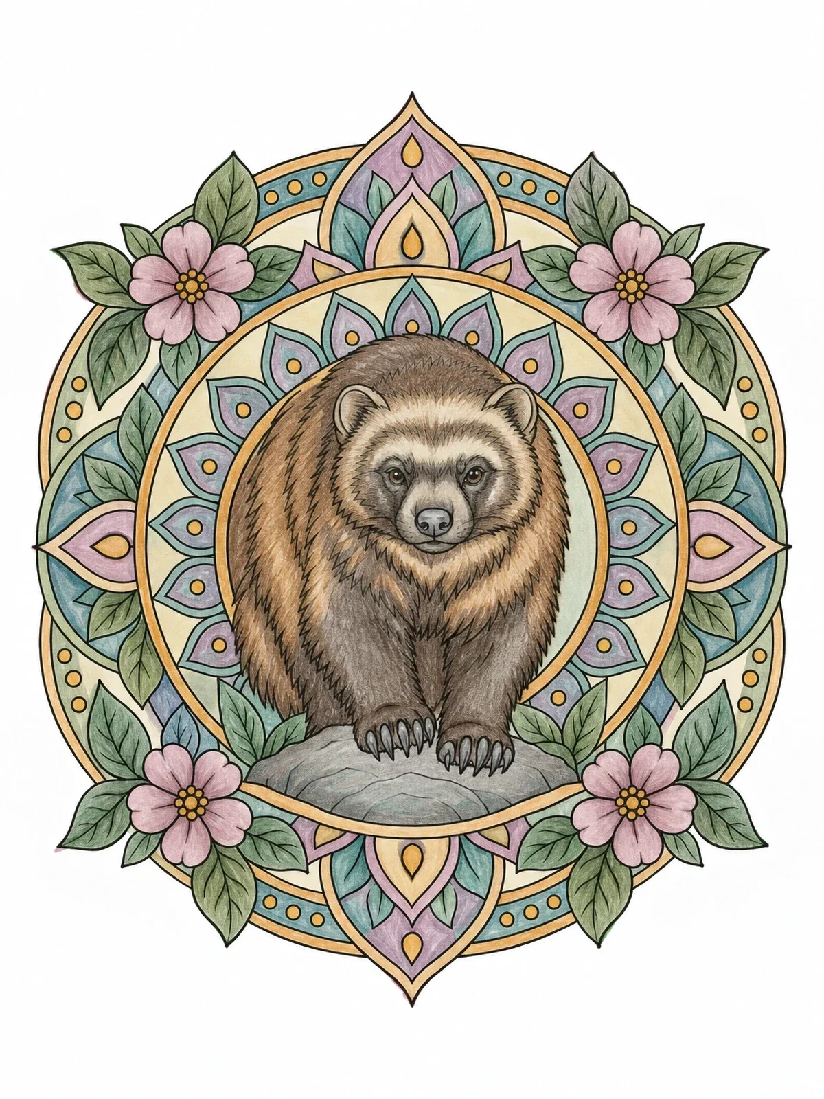 Colored example of the Intricate Wolverine Floral Mandala coloring page