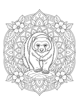 A detailed wolverine coloring page inside an ornate floral mandala frame.
