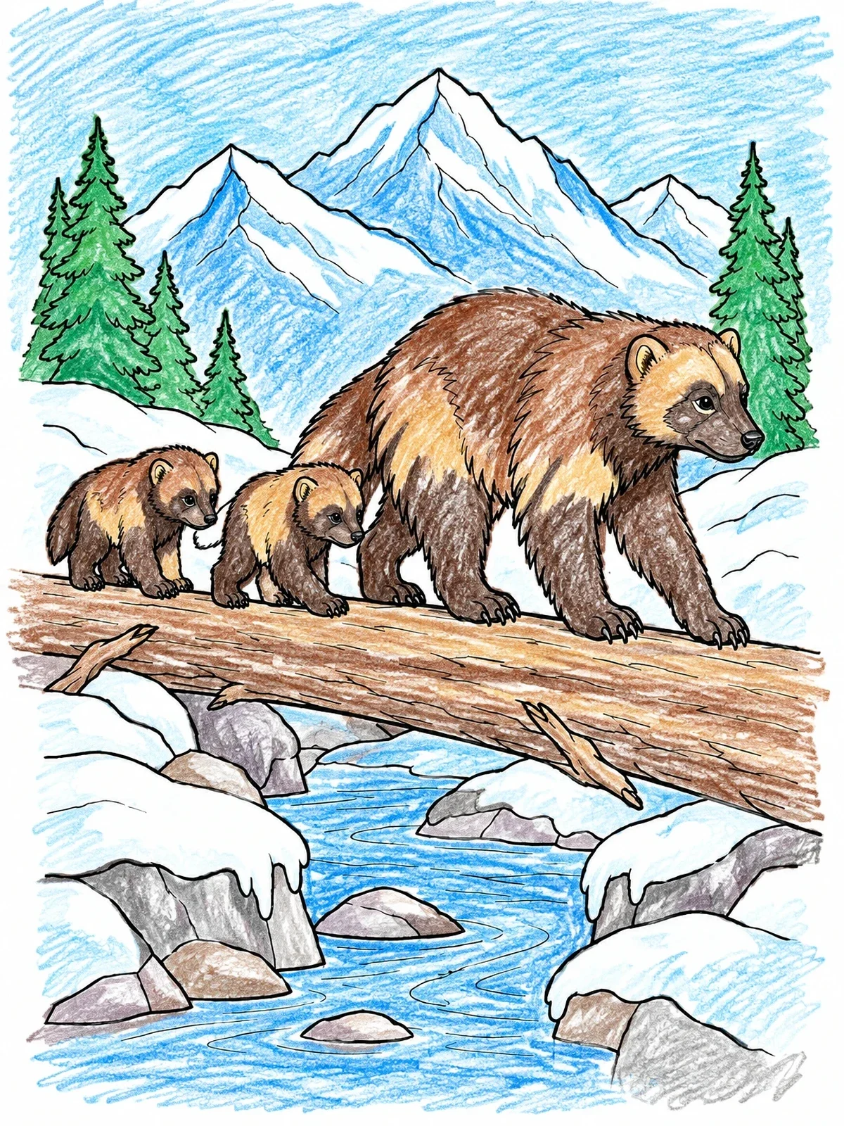 Colored example of the Wolverine Family Crossing Fallen Log coloring page
