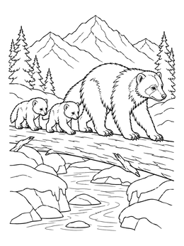 A mother and two kits in a wolverine coloring page crossing a log over a stream.